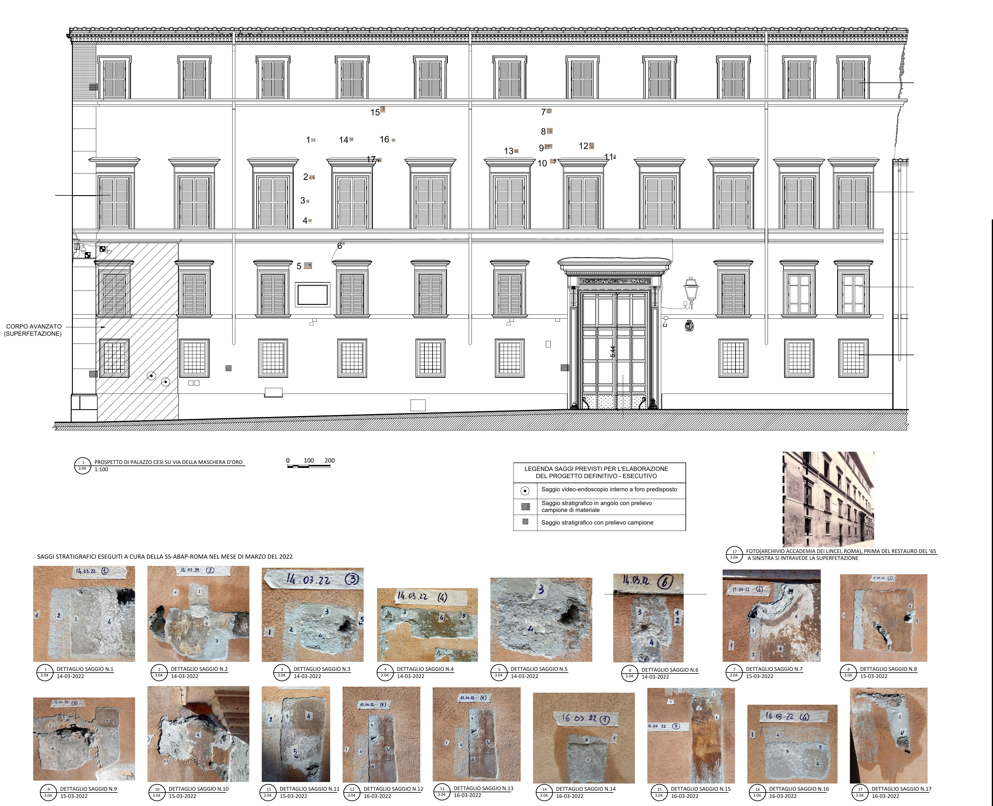 Saggi stratigrafici del prospetto di Palazzo Cesi